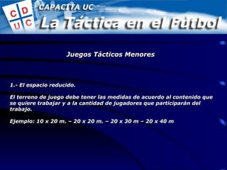 1.- El espacio reducido. El terreno de juego debe tener las medidas de acuerdo al contenido que se quiere trabajar y a la cantidad de jugadores que participarán del trabajo. Ejemplo: 10 x 20 m. – 20 x 20 m. – 20 x 30 m – 20 x 40 m Juegos Tácticos Menores 