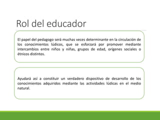 Rol del educador
Ayudará así a constituir un verdadero dispositivo de desarrollo de los
conocimientos adquiridos mediante las actividades lúdicas en el medio
natural.
El papel del pedagogo será muchas veces determinante en la circulación de
los conocimientos lúdicos, que se esforzará por promover mediante
intercambios entre niños y niñas, grupos de edad, orígenes sociales o
étnicos distintos.
 