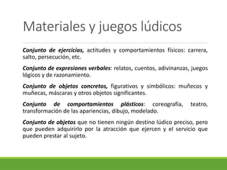 Materiales y juegos lúdicos
Conjunto de ejercicios, actitudes y comportamientos físicos: carrera,
salto, persecución, etc.
Conjunto de expresiones verbales: relatos, cuentos, adivinanzas, juegos
lógicos y de razonamiento.
Conjunto de objetos concretos, figurativos y simbólicos: muñecos y
muñecas, máscaras y otros objetos significantes.
Conjunto de comportamientos plásticos: coreografía, teatro,
transformación de las apariencias, dibujo, modelado.
Conjunto de objetos que no tienen ningún destino lúdico preciso, pero
que pueden adquirirlo por la atracción que ejercen y el servicio que
pueden prestar al sujeto.
 