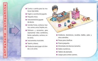 C. Organización de los juguetes
y materiales
- Si el espacio es amplio y
cuenta con mesas, puedes
organizar los materiales...
