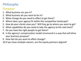 Philosophy
Purpose
1. What business are you in?
2. What business do you want to be in?
3. What change do you need to effect to get there?
4. Where does your agency fit within the competitive landscape?
5. How do your clients view you? Will they go to where you want to go?
6. What capabilities do you need to take the agency to the next level?
7. Do you have the right people to get there?
8. Is the agency’s compensation model structured in a way that will drive
   your business purpose?
9. How fast do you want to effect change?
10.If you have multiple owners, are the equity partners aligned?
 