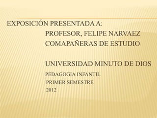 EXPOSICIÓN PRESENTADA A:
         PROFESOR, FELIPE NARVAEZ
         COMAPAÑERAS DE ESTUDIO

         UNIVERSIDAD MINUTO DE DIOS
         PEDAGOGIA INFANTIL
         PRIMER SEMESTRE
         2012
 