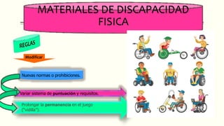 MATERIALES DE DISCAPACIDAD
FISICA
Modificar
Nuevas normas o prohibiciones.
Variar sistema de puntuación y requisitos.
Prolongar la permanencia en el juego
(“vidilla”).
 