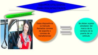 EQUIPOS UTILIZADOS
PARA DISCAPACITADOS
Estos dispositivos
(a menudo
llamados correas
de soporte o
correas de
transferencia)
Se deben sujetar
alrededor del
marco de la
ventana de la
puerta de un
vehículo.
 