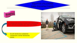 EQUIPOS UTILIZADOS
PARA DISCAPACITADOS
Las rampas son quizás la señal más reconocible
de un vehículo accesible para sillas de ruedas
Es ahí donde los cuidadores
comienzan a tomar decisiones
serias.
 