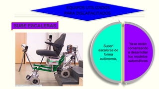 EQUIPOS UTILIZADOS
PARA DISCAPACITADOS
SUBE ESCALERAS
Yase están
comenzando
a desarrollar
los modelos
automáticos
Suben
escaleras de
forma
autónoma,
 