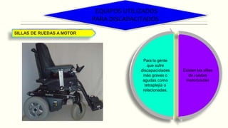 EQUIPOS UTILIZADOS
PARA DISCAPACITADOS
SILLAS DE RUEDAS A MOTOR
Existen las sillas
de ruedas
motorizadas
Para la gente
que sufre
discapacidades
más graves o
agudas como
tetraplejia o
relacionadas.
 