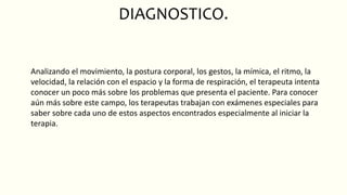 DIAGNOSTICO.
Analizando el movimiento, la postura corporal, los gestos, la mímica, el ritmo, la
velocidad, la relación con el espacio y la forma de respiración, el terapeuta intenta
conocer un poco más sobre los problemas que presenta el paciente. Para conocer
aún más sobre este campo, los terapeutas trabajan con exámenes especiales para
saber sobre cada uno de estos aspectos encontrados especialmente al iniciar la
terapia.
 