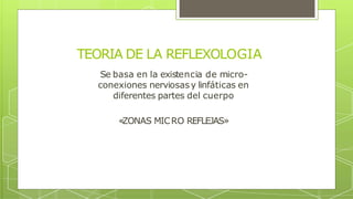 TEORIA DE LA REFLEXOLOGIA
Se basa en la existencia de micro-
conexiones nerviosasy linfáticas en
diferentes partes del cuerpo
«
ZONAS MICRO REFLEJAS»
 