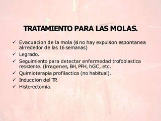 TRATAMIENTO PARA LAS MOLAS.
 Evacuacion de la mola (si no hay expulsion espontanea
alrrededor de las 16 semanas)
 Legrado.
 Seguimiento para detectar enfermedad trofoblastica
resistente. (Imagenes, BH, PFH, hGC, etc.
 Quimioterapia profilactica (no habitual).
 Induccion del TP
.
 Histerectomia.
 