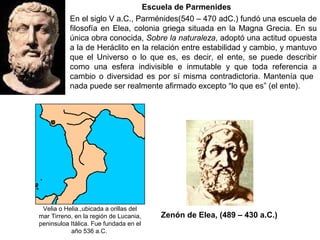 Velia o Helia.,ubicada a orillas del
mar Tirreno, en la región de Lucania,
peninsuloa Itálica. Fue fundada en el
año 536 a.C.
Zenón de Elea, (489 – 430 a.C.)
En el siglo V a.C., Parménides(540 – 470 adC.) fundó una escuela de
filosofía en Elea, colonia griega situada en la Magna Grecia. En su
única obra conocida, Sobre la naturaleza, adoptó una actitud opuesta
a la de Heráclito en la relación entre estabilidad y cambio, y mantuvo
que el Universo o lo que es, es decir, el ente, se puede describir
como una esfera indivisible e inmutable y que toda referencia a
cambio o diversidad es por sí misma contradictoria. Mantenía que
nada puede ser realmente afirmado excepto “lo que es” (el ente).
Escuela de Parmenides
 