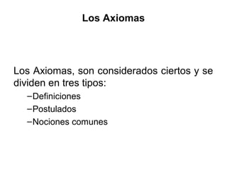 Los Axiomas
Los Axiomas, son considerados ciertos y se
dividen en tres tipos:
–Definiciones
–Postulados
–Nociones comunes
 