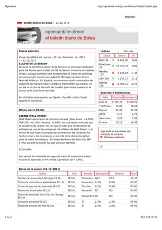 Indices Ver más
Índice Último Dif
IBEX 35 8.452,50 0,88
DowJones
30
12.107,74 0,03
Nasdaq
100
2.249,03 -1,44
S&P 500 1.243,72 0,19
NIKKEI
225
8.395,16 -0,77
Imprimir
Boletín Diario de Bolsa - 22/12/2011
Claves para hoy
Claves bursátiles del jueves , 22 de diciembre de 2011
- - 22/12/2011
CLAVES DE LA SESION
Durante la penúltima sesión de la semana, el principal catalizador
para las Bolsas será el dato de PIB del tercer trimestre en Estados
Unidos, aunque también será fundamental el índice de confianza
del consumidor de la Universidad de Michigan también al otro
lado del Atlántico. En España, los ministros recién nombrados del
Gobierno de Mariano Rajoy jurarán o prometerán sus cargos, en
un día en el que la atención de nuestro país estará puesta en el
sorteo de la Lotería de Navidad.
En el ámbito empresarial, en España, Viscofán y Ebro Foods
repartirán dividendo.
Ultimo cierre EE.UU.
CIERRE WALL STREET
Wall Street cierra lejos de mínimos intradía (Dow Jones: +0,03%;
S&P 500: +0,19%; Nasdaq: -0,99%) en una sesión marcada por
el desplome de Oracle. No hay que olvidar que el fabricante de
software es una de las empresas más fiables de Wall Street; y el
hecho de que haya incumplido las previsiones del consenso ha
hecho temer a los inversores un recorte de la demanda global
para el sector tecnológico. El comportamiento del blue chip IBM
(-3%) durante la sesión ha sido un buen ejemplo.
ECONOMÍA
Las ventas de viviendas de segunda mano de noviembre suben
más de lo esperado (+4% frente a previsión de +1,9%).
Soportes y Resistencias
Valor Soporte Resistencia
Ibex35 7.721,79 9.520,99
Telefonica 12,84 15,68
Repsol 21,95 22,92
BBVA 6,21 6,71
Santander 5,26 7,06
Endesa 15,12 16,49
Siga toda la actualidad del
mercado al instante
Últimas noticias
Datos de la sesion (22-12-2011)
Datos País Período Estimación Anterior Hora
Confianza Universidad Michigan EE.UU. EE.UU. Diciembre 68,0 67,7 15:55
Índice de indicadores adelantados EE.UU. EE.UU. Noviembre 0,3% 0,9% 00:00
Índice de precios de viviendas EE.UU. EE.UU. Octubre 0,2% 0,9% 00:00
Peticiones desempleo EE.UU. EE.UU. Semanal ND ND 00:00
Índice de actividad de la Fed de Chicago
EE.UU.
EE.UU. Noviembre ND ND 00:00
Consumo personal EE.UU. EE.UU. 3T 2,3% 2,3% 00:00
Índice de precios del PIB EE.UU. EE.UU. 3T 2,5% 2,5% 00:00
Openbank http://openbank.webfg.com/boletin/boletin/boletin.php
1 de 2 22/12/11 09:36
 
