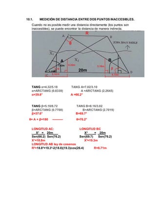 10.1. MEDICIÓN DE DISTANCIA ENTRE DOS PUNTOS INACCESIBLES.
Cuando no es posible medir una distancia directamente (los puntos son
inaccesibles), se puede encontrar la distancia de manera indirecta.
TANG α=4.32/5.18 TANG A=7.02/3.10
α=ARCTANG (0.8339) A =ARCTANG (2.2645)
α=39.8° A =66.2°
TANG β=5.18/6.72 TANG B=8.16/3.02
β=ARCTANG (0.7708) B=ARCTANG (2.7019)
β=37.6° B=69.7°
θ+ A + β=180 ----------- θ=76.2°
LONGITUD AC: LONGITUD BC
X¹ = 20m X² = 20m
Sen(66.2) Sen(76.2) Sen(69.7) Sen(76.2)
X¹=18.8m X²=19.3m
LONGITUD AB ley de cosenos
R²=18.8²+19.3²-2(18.8)(19.3)cos(26.4) R=8.71m
 
