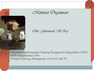 Motivasi Organisasi

Oleh: Jufriansyah, S.Kep

Disampaikan pada kegiatan Training Management Organisation (TMO)
HMP S1 Keperawatan UMS
Di Segoro Gunung, Karanganyar, Jum’at 27 sept ‘13

 
