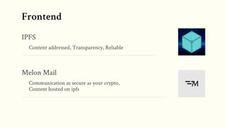 Frontend
IPFS
Content addressed, Transparency, Reliable
Melon Mail
Communication as secure as your crypto,
Content hosted on ipfs