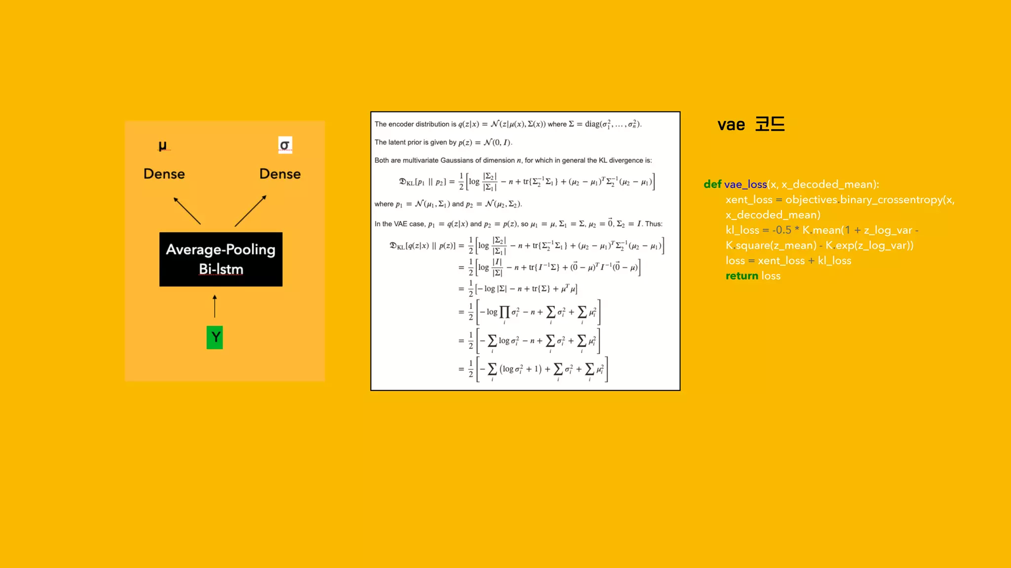 vae 코드
def vae_loss(x, x_decoded_mean):
xent_loss = objectives.binary_crossentropy(x,
x_decoded_mean)
kl_loss = -0.5 * K.mean(1 + z_log_var -
K.square(z_mean) - K.exp(z_log_var))
loss = xent_loss + kl_loss
return loss
 