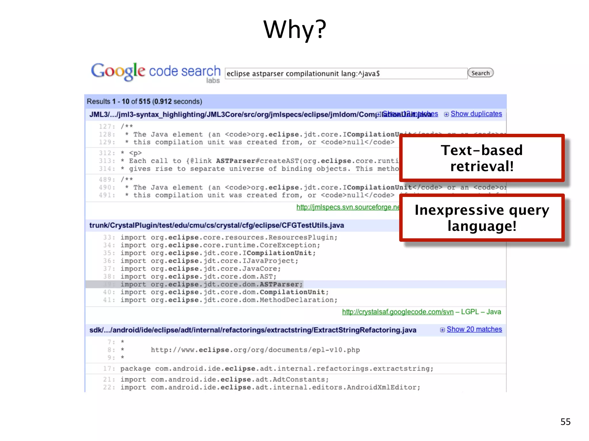 Why?



          Text-based
           retrieval!


       Inexpressive query
           language!




                            55
 