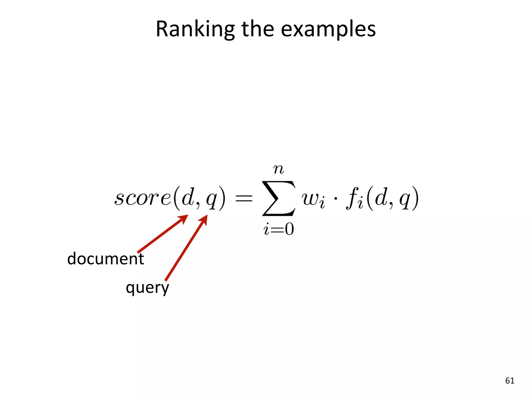 Ranking	
  the	
  examples




document
      query



                                        61
 