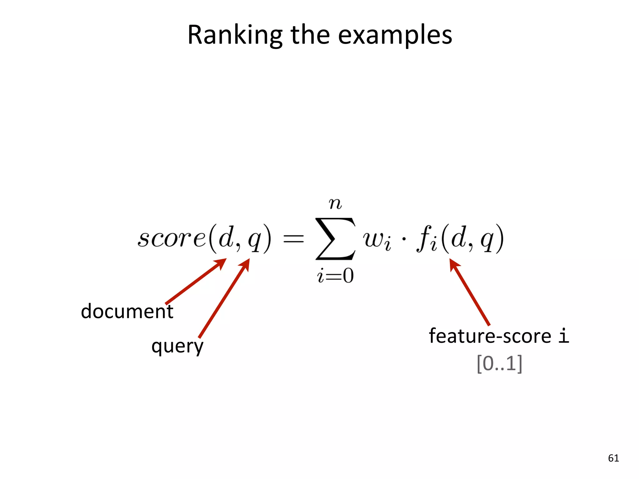 Ranking	
  the	
  examples




document
      query                       feature-­‐score	
  i
                                       [0..1]



                                                         61
 