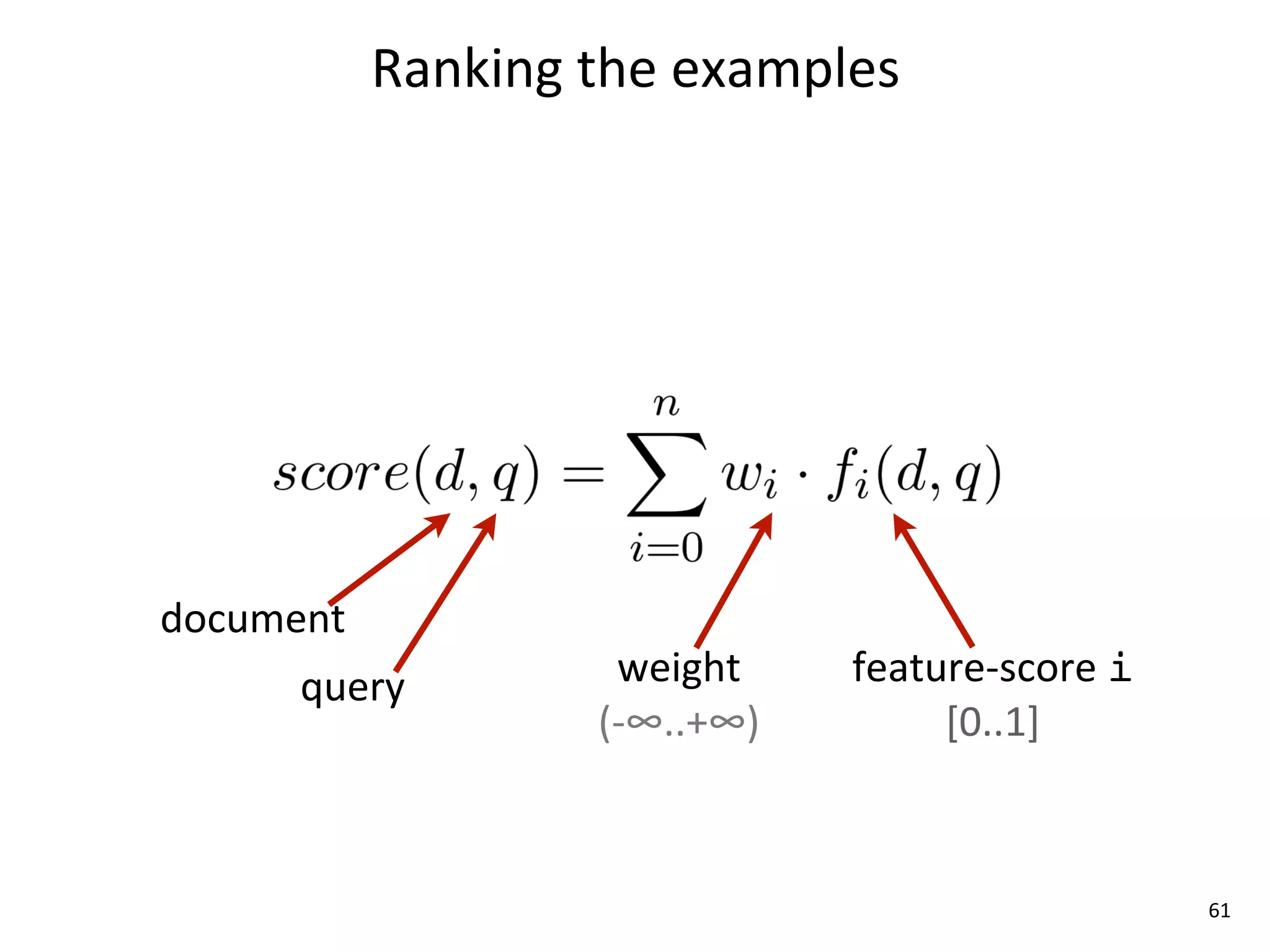 Ranking	
  the	
  examples




document
      query             weight	
     feature-­‐score	
  i
                      (-­‐∞..+∞)          [0..1]



                                                            61
 