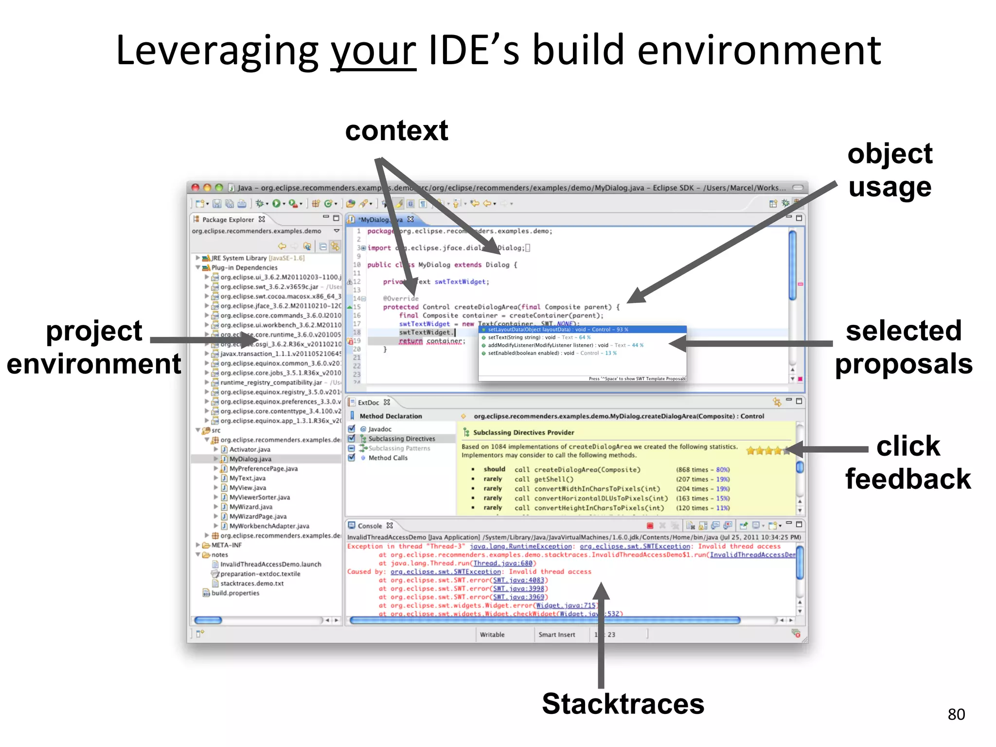 Leveraging	
  your	
  IDE’s	
  build	
  environment
                     context
                                                      object
                                                      usage



  project                                             selected
environment                                          proposals

                                                        click
                                                      feedback




                                  Stacktraces                  80
 