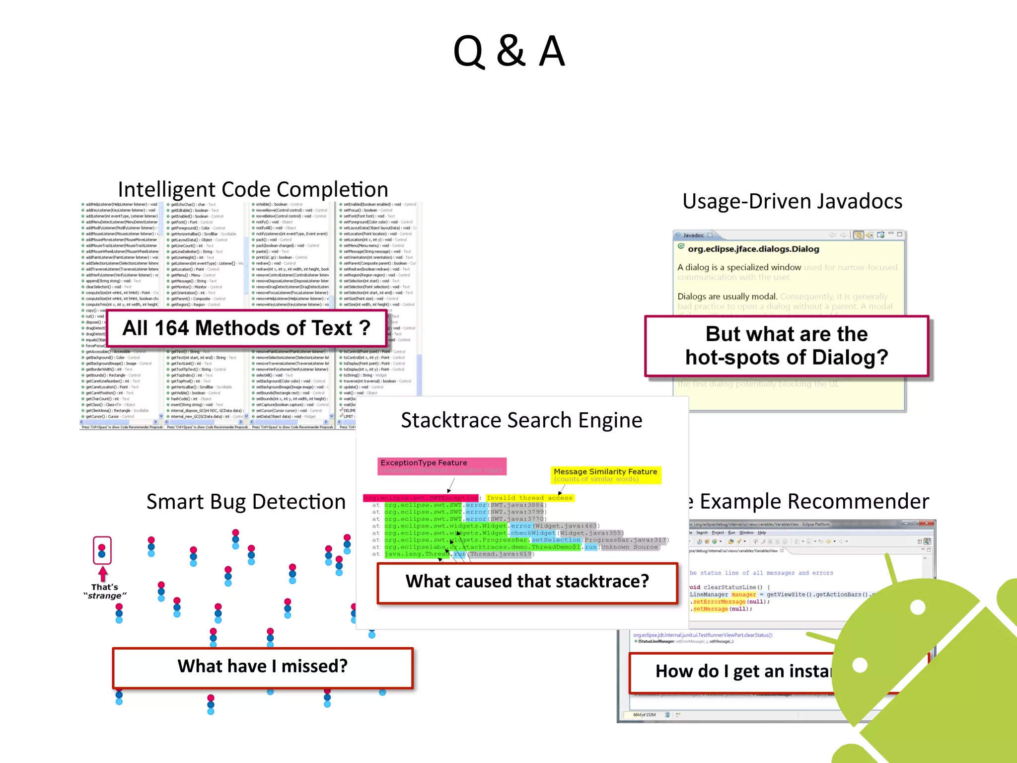 Q	
  &	
  A

Intelligent	
  Code	
  Comple8on                                                   Usage-­‐Driven	
  Javadocs




                                      Stacktrace	
  Search	
  Engine


   Smart	
  Bug	
  Detec8on                                               Code	
  Example	
  Recommender


                                      What	
  caused	
  that	
  stacktrace?



       What	
  have	
  I	
  missed?                                           How	
  do	
  I	
  get	
  an	
  instance	
  of…?

                                                                                                                                91
 