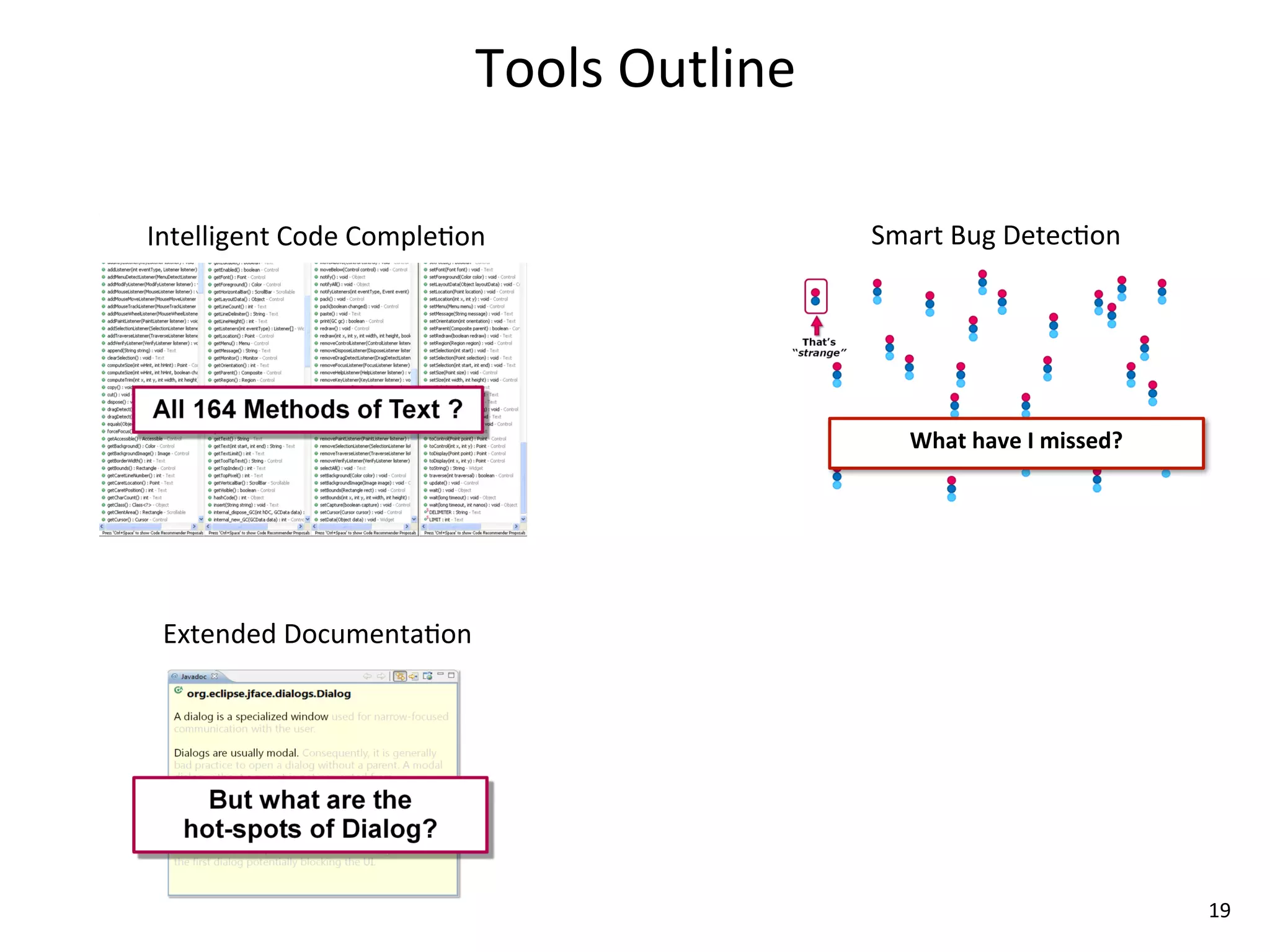 Tools	
  Outline

Intelligent	
  Code	
  Comple8on                 Smart	
  Bug	
  Detec8on




                                                    What	
  have	
  I	
  missed?




 Extended	
  Documenta8on




                                                                                   19
 