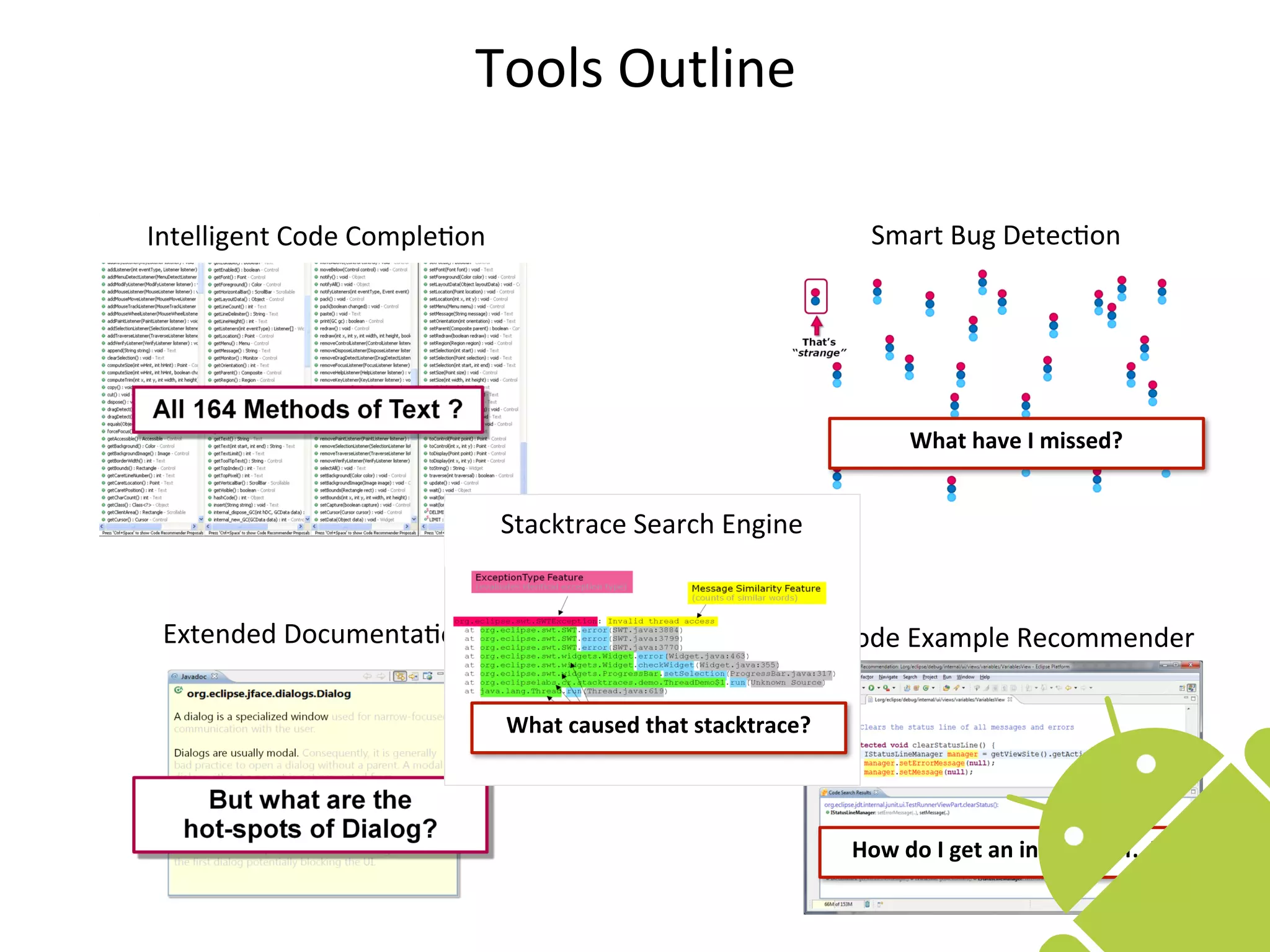 Tools	
  Outline

Intelligent	
  Code	
  Comple8on                                              Smart	
  Bug	
  Detec8on




                                                                                    What	
  have	
  I	
  missed?


                                   Stacktrace	
  Search	
  Engine


 Extended	
  Documenta8on                                                  Code	
  Example	
  Recommender

                                   What	
  caused	
  that	
  stacktrace?




                                                                            How	
  do	
  I	
  get	
  an	
  instance	
  of…?

                                                                                                                              19
 