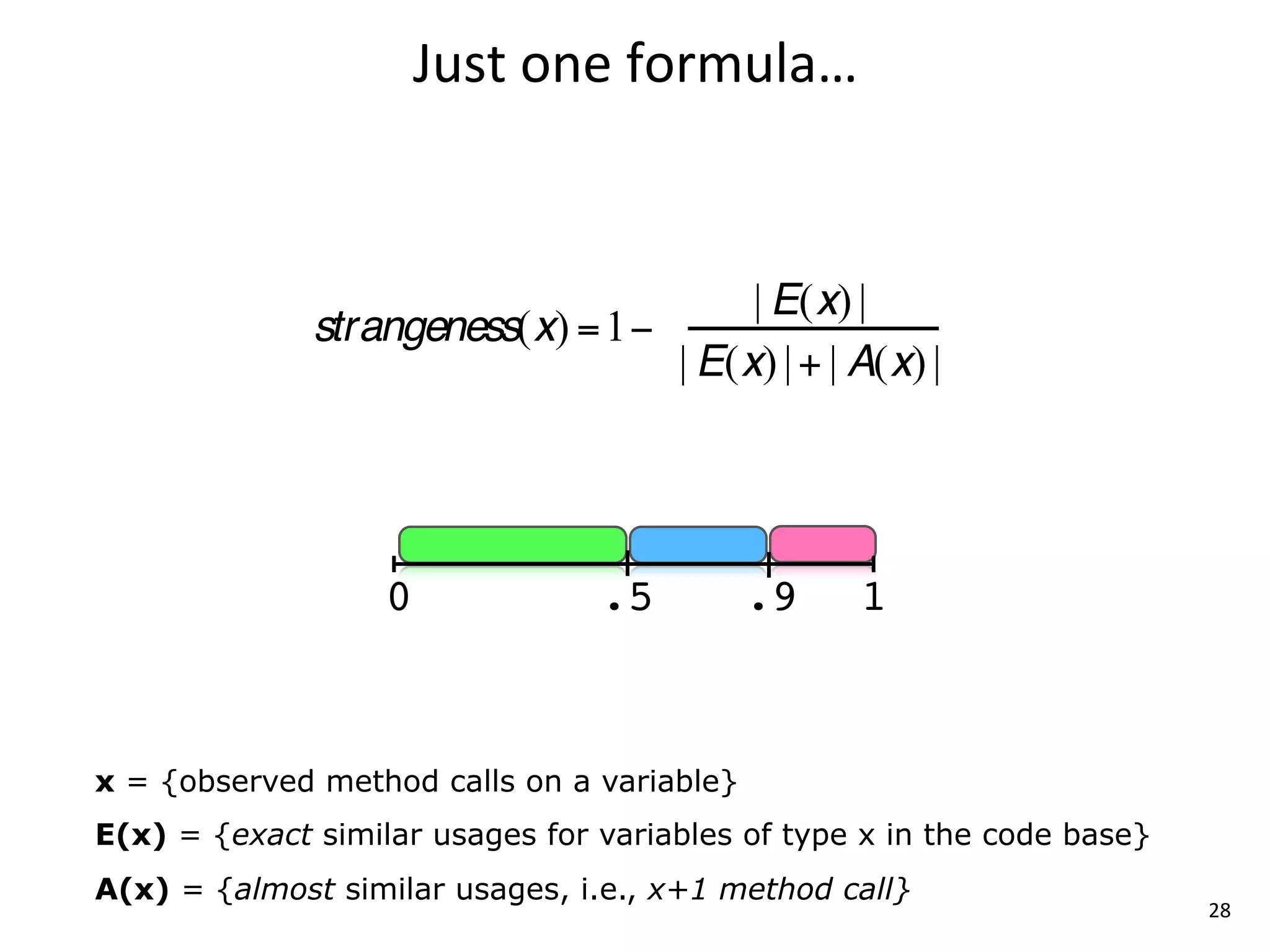 Just	
  one	
  formula…




                   0             .5         .9    1



x = {observed method calls on a variable}
E(x) = {exact similar usages for variables of type x in the code base}
A(x) = {almost similar usages, i.e., x+1 method call}
                                                                         28
 