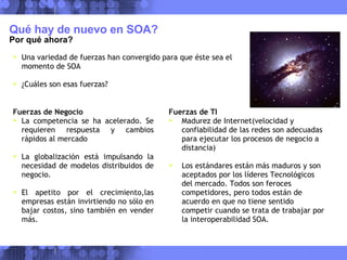Qué hay de nuevo en SOA?  Por qué ahora? Una variedad de fuerzas han convergido para que éste sea el momento de SOA ¿Cuáles son esas fuerzas? Fuerzas de Negocio La competencia se ha acelerado. Se requieren respuesta y cambios rápidos al mercado La globalización está impulsando la necesidad de modelos distribuidos de negocio. El apetito por el crecimiento,las empresas están invirtiendo no sólo en bajar costos, sino también en vender más. Fuerzas de TI Madurez de Internet(velocidad y confiabilidad de las redes son adecuadas para ejecutar los procesos de negocio a distancia) Los estándares están más maduros y son aceptados por los líderes Tecnológicos del mercado. Todos son feroces competidores, pero todos están de acuerdo en que no tiene sentido competir cuando se trata de trabajar por la interoperabilidad SOA. 