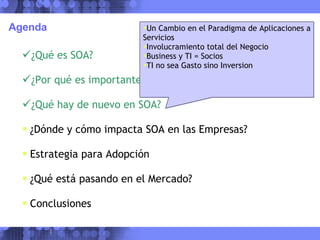 Agenda ¿Qué es SOA? ¿Por qué es importante? ¿Qué hay de nuevo en SOA? ¿Dónde y cómo impacta SOA en las Empresas? Estrategia para Adopción ¿Qué está pasando en el Mercado? Conclusiones Un Cambio en el Paradigma de Aplicaciones a Servicios Involucramiento total del Negocio Business y TI = Socios TI no sea Gasto sino Inversion 