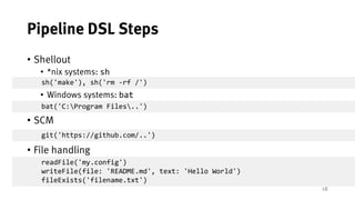 18
Pipeline DSL Steps
• Shellout
• *nix systems: sh
• Windows systems: bat
• SCM
• File handling
sh('make'), sh('rm -rf /'...
