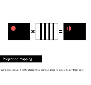Projection Mapping

Sun’s trick explained. In the places where there are pipes we simply display black color.
 