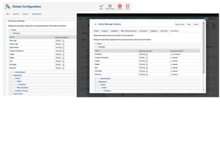 Many permission screens....
• Global configuration
– default permissions for each action and group
• Component options (permissions)
– can override the default permissions for a component
• Category
– can override the default permissions and component options
– applies to components with categories (Articles, Banners, etc...)
• Object
– can override all permissions above for an object
– only applies to articles in Joomla 1.6 core
 