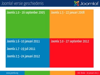 Joomla! development strategie
• Development strategie sinds 2011
    –    elke 6 maanden een nieuwe Joomla versie
    –    Joomla serie bestaat uit X.0, X.1, X.2 en X.5
    –    X.0, X.1 en X.2 hebben standaard support (STR)
    –    X.5 heeft lange termijn support (LTS)




Infographic: Joomla CMS Development Strategie: http://www.joomlacommunity.eu/nieuws/joomla-algemeen/653-infographic-joomla-cms-development-strategie-nl.html

      www.joomla.org                                                                                                        JUG Breda - 30 januari 2013
 