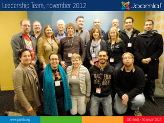Leadership Team, november 2012

                                               PLT            PLT
                                 PLT                 OSM            CLT
          OSM      OSM                                                            OSM
                         OSM           CLT
                                                     OSM     OSM




           OSM                                         OSM
                           OSM           PLT                        PLT




  www.joomla.org                                                    JUG Breda - 30 januari 2013
 