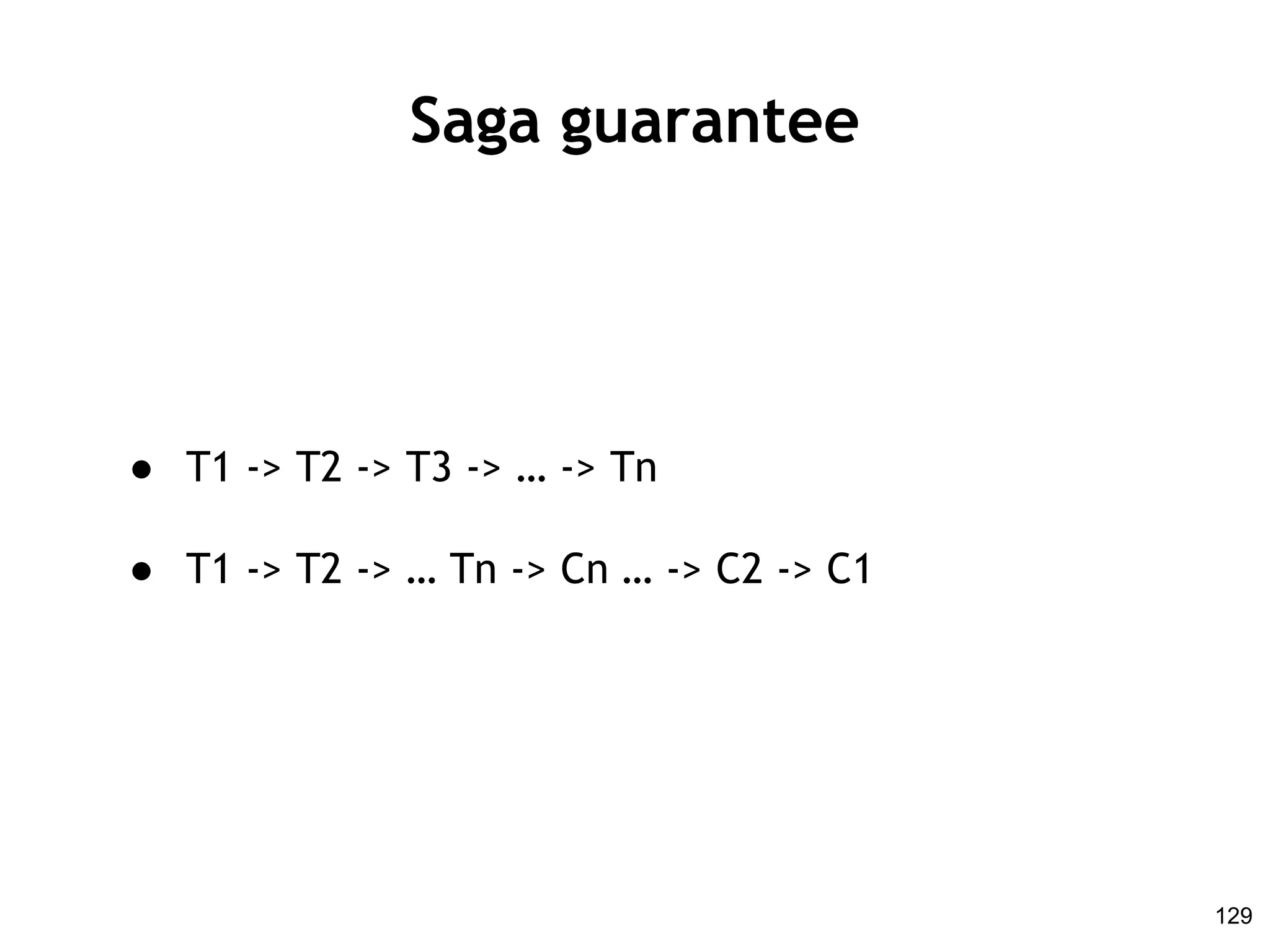Saga guarantee
● T1 -> T2 -> T3 -> … -> Tn
● T1 -> T2 -> … Tn -> Cn … -> C2 -> C1
129
 
