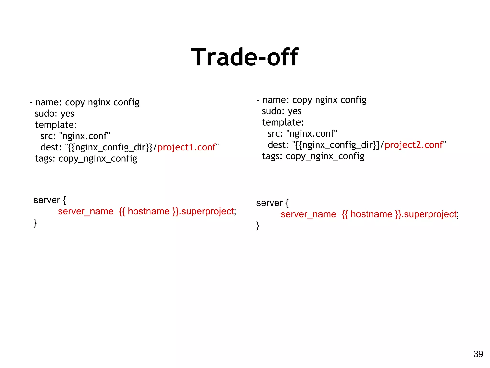 Trade-off
- name: copy nginx config
sudo: yes
template:
src: "nginx.conf"
dest: "{{nginx_config_dir}}/project1.conf"
tags: copy_nginx_config
- name: copy nginx config
sudo: yes
template:
src: "nginx.conf"
dest: "{{nginx_config_dir}}/project2.conf"
tags: copy_nginx_config
server {
server_name {{ hostname }}.superproject;
}
server {
server_name {{ hostname }}.superproject;
}
39
 