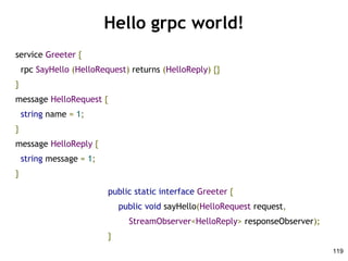 Hello grpc world!
service Greeter {
rpc SayHello (HelloRequest) returns (HelloReply) {}
}
message HelloRequest {
string name = 1;
}
message HelloReply {
string message = 1;
}
public static interface Greeter {
public void sayHello(HelloRequest request,
StreamObserver<HelloReply> responseObserver);
}
119
 