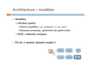 Architecture : modèles
    Modèles
       Attributs    publics
         Ecriture
                 simplifiée : user.getName()  user.name !
         Bytecode processing : génération des getter/setter

       DAO   : méthodes statiques


    Fin du « anemic domain model »

                                                 HTTP
                                                           Routes         DB
                                                server




                                                Views    Controllers   Models
 