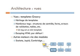Architecture : vues
    Vues : templates Groovy
       Héritage de templates
       Nombreux tags : structures de contrôle, forms, erreurs
        de validation, tables, etc.
         Un   tag est un mini template
       Escaping   HTML par défaut !
    Autres moteurs via des modules
       Scalate,   Japid, Cambridge…
                                              HTTP
                                                        Routes         DB
                                             server




                                             Views    Controllers   Models
 