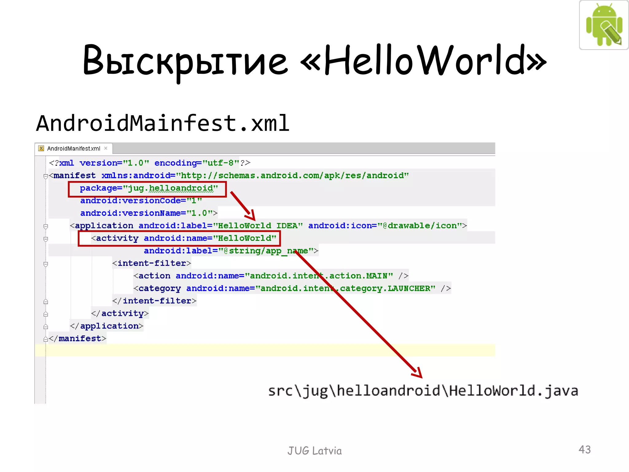 Выскрытие « HelloWorld » AndroidMainfest.xml JUG Latvia 