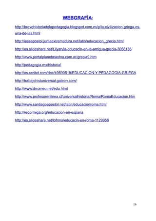 WEBGRAFÍA:
http://brevehistoriadelapedagogia.blogspot.com.es/p/la-civilizacion-griega-es-
una-de-las.html

http://iessapostol.juntaextremadura.net/latin/educacion_grecia.html

http://es.slideshare.net/Lilyan/la-educacin-en-la-antigua-grecia-3058186

http://www.portalplanetasedna.com.ar/grecia9.htm

http://pedagogia.mx/historia/

http://es.scribd.com/doc/49590519/EDUCACION-Y-PEDAGOGIA-GRIEGA

http://trabajohistuniversal.galeon.com/

http://www.drromeu.net/edu.html

http://www.profesorenlinea.cl/universalhistoria/Roma/RomaEducacion.htm

http://www.santiagoapostol.net/latin/educacionroma.html

http://redormiga.org/educacion-en-espana

http://es.slideshare.net/lofrmo/educacin-en-roma-1129956




                                                                           16
 