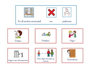 En el centro comercial no podemos
Gritar Patalear Pegar
Jugar con el ascensor
Estar lejos de papá y
mamá
Esconderse
 
