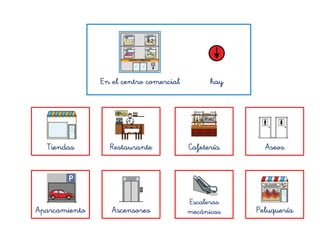 En el centro comercial hay
Escaleras
mecánicas
AseosRestaurante
Aparcamiento Ascensores
Tiendas Cafetería
Peluquería
 