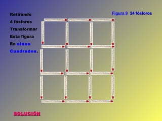 SOLUCIÓN Figura 9   24 fósforos Retirando 4 fósforos Transformar Esta figura En  cinco Cuadrados . 