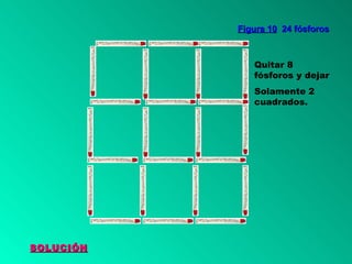 SOLUCIÓN Figura 10   24 fósforos Quitar 8 fósforos y dejar Solamente 2 cuadrados. 