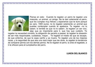 Piensa en esto: Cuando te regalan un perro te regalan una
mascota, un animal, un amigo. No te dan solamente el perro,
que los cumplas muy felices y esperamos que te dure porque
es caro, 1900 euros; no te regalan solamente un animal que
puedas contemplar cuando te apetezca. Te regalan -no lo
saben, lo terrible es que no lo saben-, te regalan un ser vivo,
algo que es importante para ti, que hay que cuidarlo. Te
regalan la necesidad mimarlo, la obligación de sacarlo a pasear; te regalan la obsesión
de ser más responsable, cuidadoso, mayor… Te regalan el miedo de que se escape,
de que enferme, de que le cojas cariño y se muera. Te regalan uno de los mejores
razas, y la seguridad de que sea una raza mejor que las otras, te regalan la tendencia
de comparar perros con los demás perros. No te regalan el perro, tú eres el regalado, a
ti te ofrecen para el cumpleaños del perro.
LUKEN DEL BLANCO
 