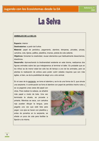 Ballesteros, P.
Jugando con los Ecosistemas desde la EA                                                             2009




      ANIMALES DE LA SELVA



      Espacio: interior
      Destinatarios: a partir de 6 años
      Material: papel de periódico, pegamento, alambre, témperas, pinceles, pinzas,
      cartulina, cola, tijeras, palillos, plastilina, imanes, pistola de cola caliente.
      Objetivos: fomentar la creatividad, reusar elementos que habitualmente desechamos,
      divertirnos.
      Desarrollo: Aprovechando la biodiversidad existente en este bioma, realizamos dos
      figuras animales sobre las que trabajaremos al terminar el taller. Es probable que en
      los niños/ as de menor edad tan sólo les dé tiempo a uno de los animales, pero se
      plantea la realización de ambos para poder cubrir edades mayores que son más
      ágiles, si bien, se da la posibilidad de elegir uno u otro animal.


      En el caso de la serpiente, se toma el alambre y se le da una forma de S, que simule
      una serpiente. A continuación se forra el alambre con papel de periódico hecho rulos y
      se va pegando unas caras del papel con
      otras. Para realizar la cabeza, se añadirá
      más papel a modo de bola. Una vez
      terminada la silueta, se procede a
      pintarla. Mientras se seca, con cartulina
      roja pueden dibujar la lengua, para
      pegarla una vez que esté lista para
      pegar. Los ojos se hacen con plastilina y
      antes de ponerlos en la serpiente, se
      añade un poco de cola para facilitar la
      fijación a la misma.




 5
 